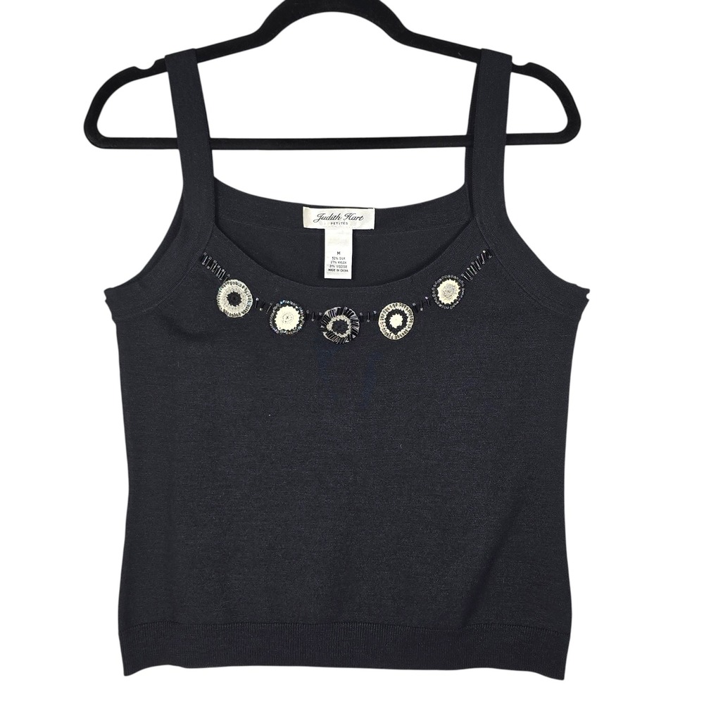 Judith Hart Petites Knit Tank Top Woman Medium Black Silk Blend Beaded Medallion